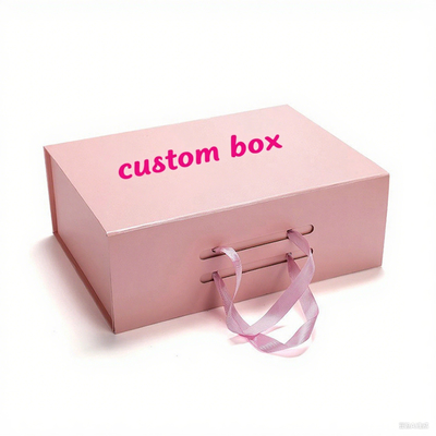 Luxury Pink Printed Magnetic Gift Boxes Ribbon Handle Custom Logo Rigid Cardboard Packaging Untuk Pakaian