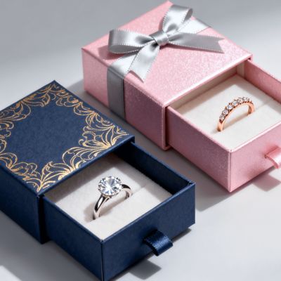 Vintage Luxury Custom Logo Ring Box Ivory Board dengan Sponge Velvet Lining Stamping Varnishing UV Coating Printing Handling