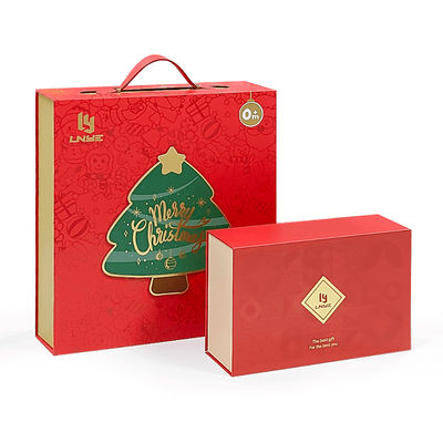 Custom Luxury Red Magnetic Clamshell Christmas Theme Gift Box Biodegradable Rigid Magnetic Closure Box Pengemasan Dengan Handle