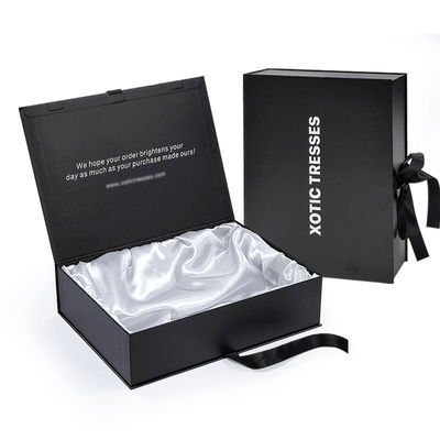 Custom High End Black Magnetic Box Pakaian Karton Paket Hadiah Box Rambut Manusia Paket Box Dengan Sutra Satin