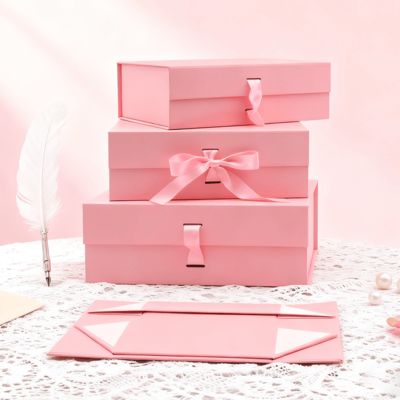 Kotak Lipat Pita Kualitas Logo Kustom Bentuk Persegi Panjang Hitam Merah Muda Kemasan Kertas Seni Magnetik untuk Embossing Laminasi Matt