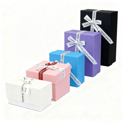 Kemasan Perhiasan Kustom Pita Pita Inggris Surga Bumi Kotak Persegi Penutup Karton Elegan Untuk Kotak Anting Cincin